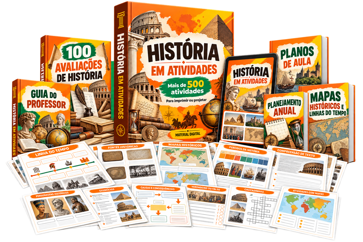 Mockup do material História em Atividades com livros, tablet e folhas de atividades